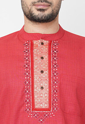 Embroidered Cotton Short Kurta in Coral Red