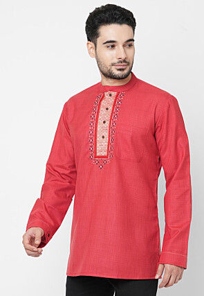 Embroidered Cotton Short Kurta in Coral Red