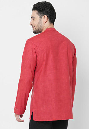 Embroidered Cotton Short Kurta in Coral Red