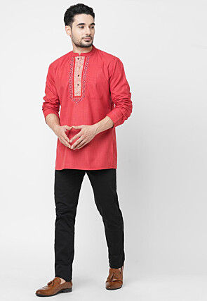 Embroidered Cotton Short Kurta in Coral Red