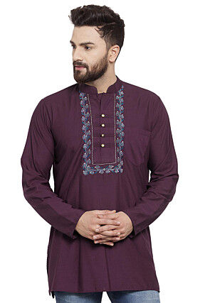 Embroidered Cotton Short Kurta in Dark Purple