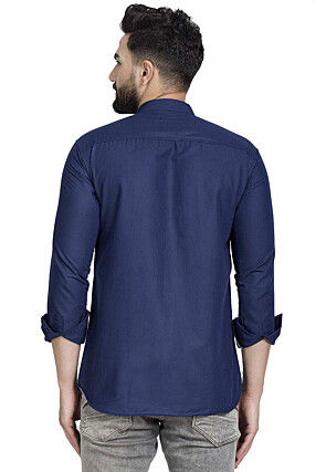 Embroidered Cotton Short Kurta in Navy Blue