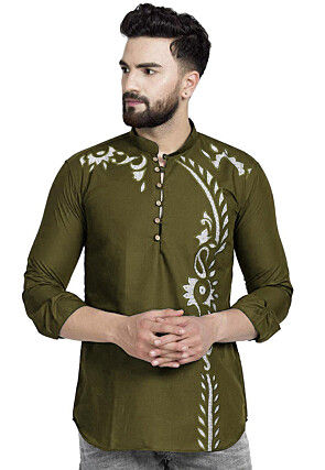 Embroidered Cotton Short Kurta in Olive Green