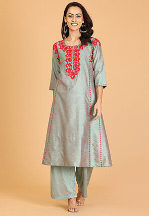 Embroidered Cotton Silk A Line Kurta Set in Grey