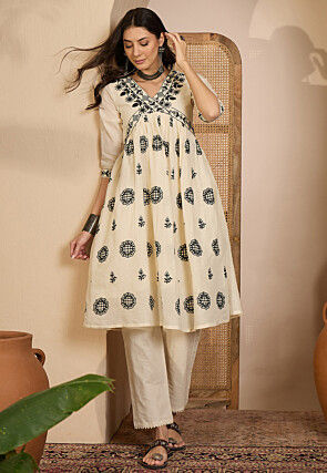 Embroidered Cotton Silk A Line Kurta Set in Off White