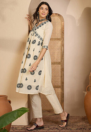Embroidered Cotton Silk A Line Kurta Set in Off White