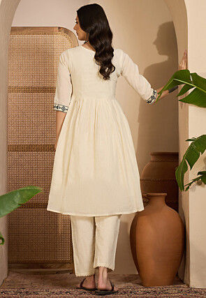 Embroidered Cotton Silk A Line Kurta Set in Off White