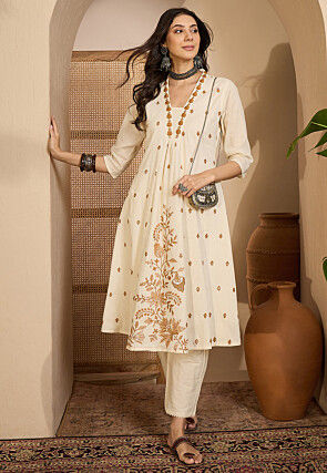 Embroidered Cotton Silk A Line Kurta Set in Off White