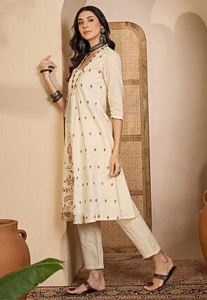 Embroidered Cotton Silk A Line Kurta Set in Off White