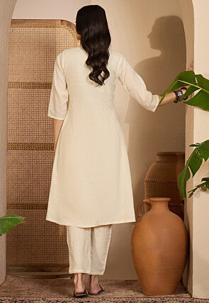 Embroidered Cotton Silk A Line Kurta Set in Off White