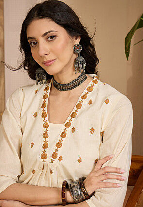 Embroidered Cotton Silk A Line Kurta Set in Off White