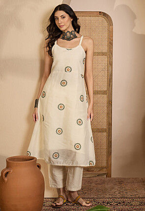 Embroidered Cotton Silk A Line Kurta Set in Off White