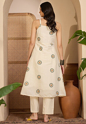 Embroidered Cotton Silk A Line Kurta Set in Off White