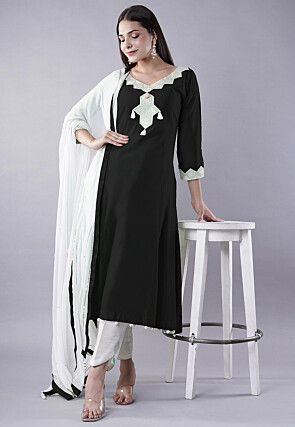 Embroidered Cotton Silk A Line Suit in Black