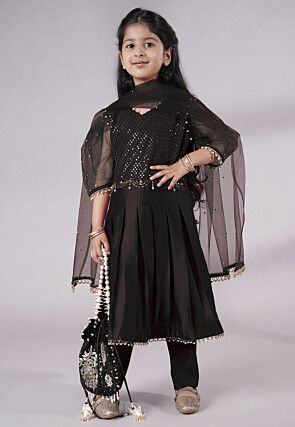 Embroidered Cotton Silk A Line Suit in Black