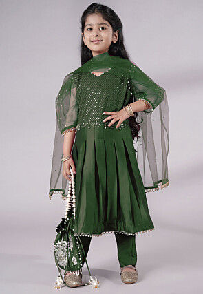 Embroidered Cotton Silk A Line Suit in Dark Green