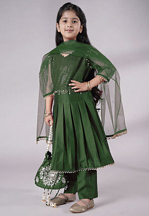 Embroidered Cotton Silk A Line Suit in Dark Green