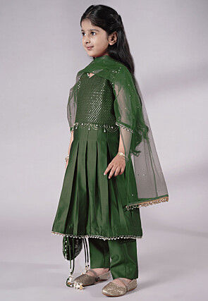 Embroidered Cotton Silk A Line Suit in Dark Green