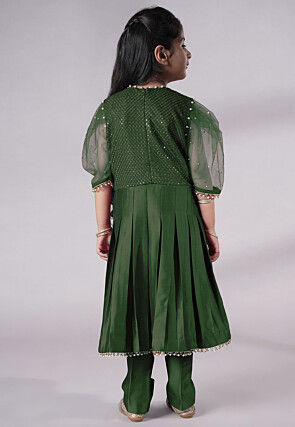 Embroidered Cotton Silk A Line Suit in Dark Green