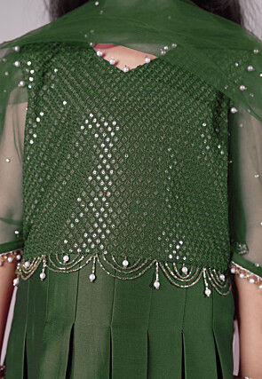 Embroidered Cotton Silk A Line Suit in Dark Green