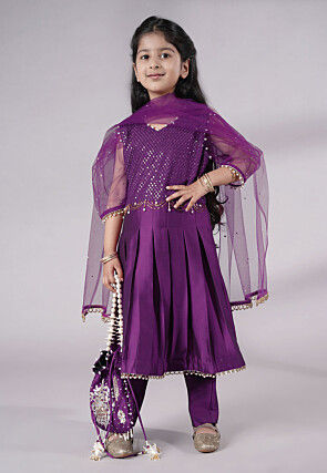Embroidered Cotton Silk A Line Suit in Dark Purple