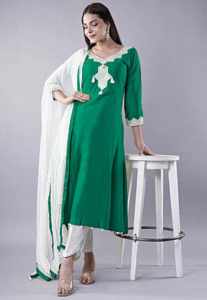 Embroidered Cotton Silk A Line Suit in Green