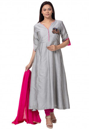 Embroidered Cotton Silk A Line Suit in Grey