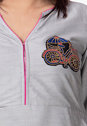 Embroidered Cotton Silk A Line Suit in Grey