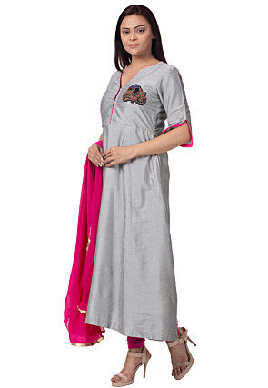 Embroidered Cotton Silk A Line Suit in Grey