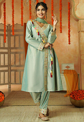 Embroidered Cotton Silk A Line Suit in Light Green