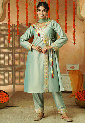 Embroidered Cotton Silk A Line Suit in Light Green