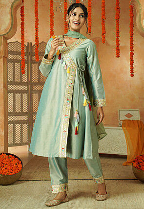 Embroidered Cotton Silk A Line Suit in Light Green