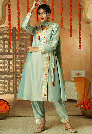 Embroidered Cotton Silk A Line Suit in Light Green