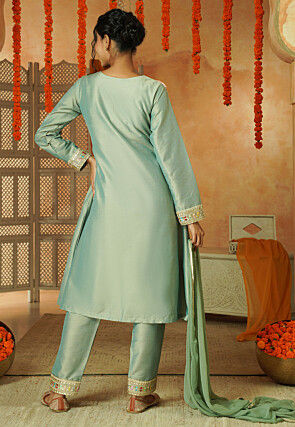 Embroidered Cotton Silk A Line Suit in Light Green
