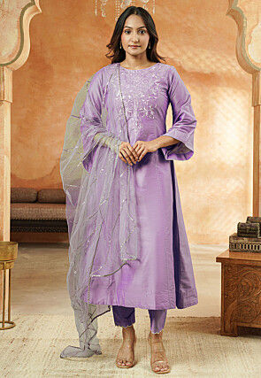 Embroidered Cotton Silk A Line Suit in Light Purple