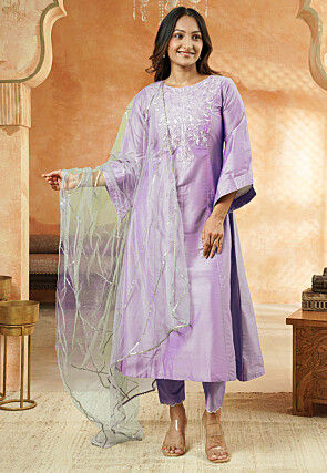 Embroidered Cotton Silk A Line Suit in Light Purple
