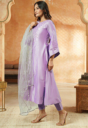 Embroidered Cotton Silk A Line Suit in Light Purple