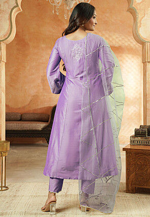 Embroidered Cotton Silk A Line Suit in Light Purple