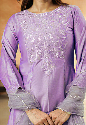 Embroidered Cotton Silk A Line Suit in Light Purple