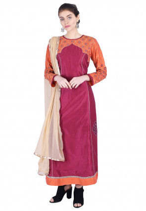 Embroidered Cotton Silk A Line Suit in Magenta