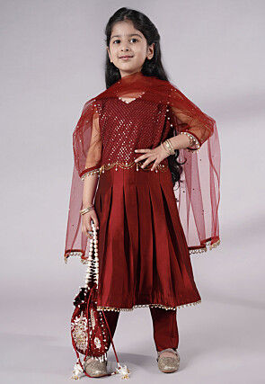 Embroidered Cotton Silk A Line Suit in Maroon