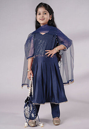 Embroidered Cotton Silk A Line Suit in Navy Blue