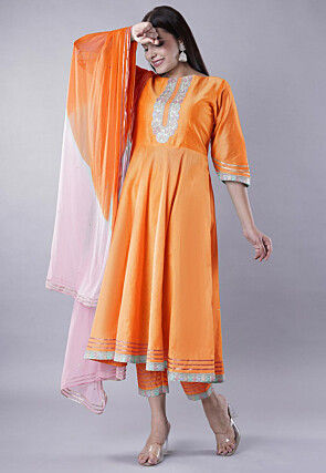 Embroidered Cotton Silk A Line Suit in Orange