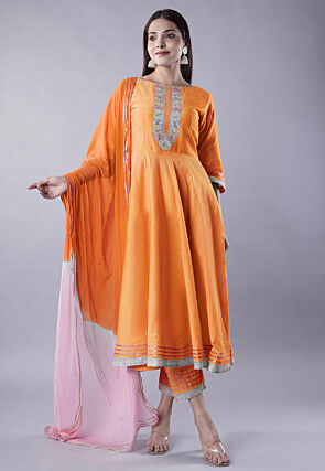 Embroidered Cotton Silk A Line Suit in Orange