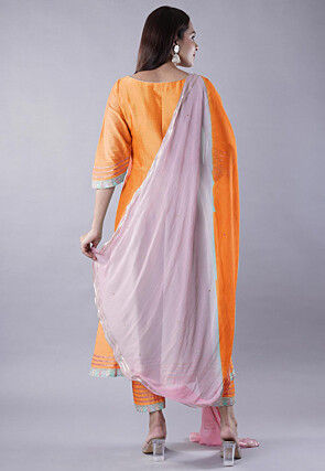 Embroidered Cotton Silk A Line Suit in Orange