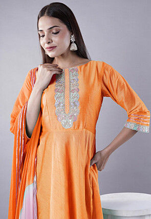 Embroidered Cotton Silk A Line Suit in Orange