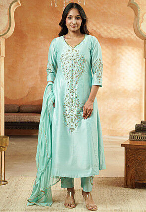 Embroidered Cotton Silk A Line Suit in Sky Blue
