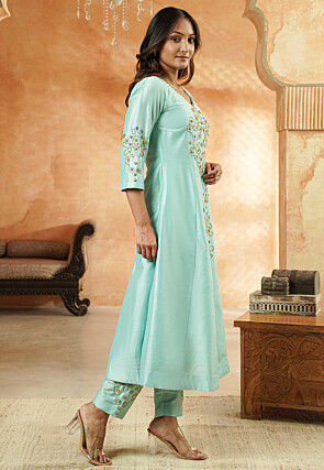 Embroidered Cotton Silk A Line Suit in Sky Blue