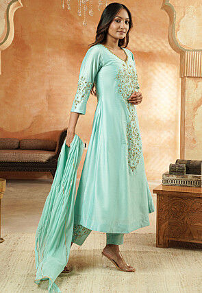 Embroidered Cotton Silk A Line Suit in Sky Blue