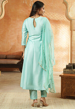 Embroidered Cotton Silk A Line Suit in Sky Blue